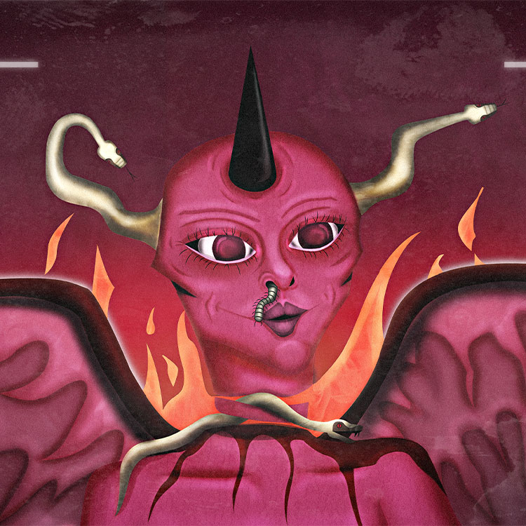 Illustration of a pink demon with two snakes on its head and a horn on a background of orange flames.