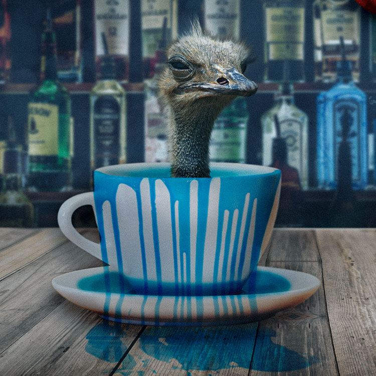 Photocomposition entitled Dinner. It shows an ostrich in a cup and an orange being about to eat it.