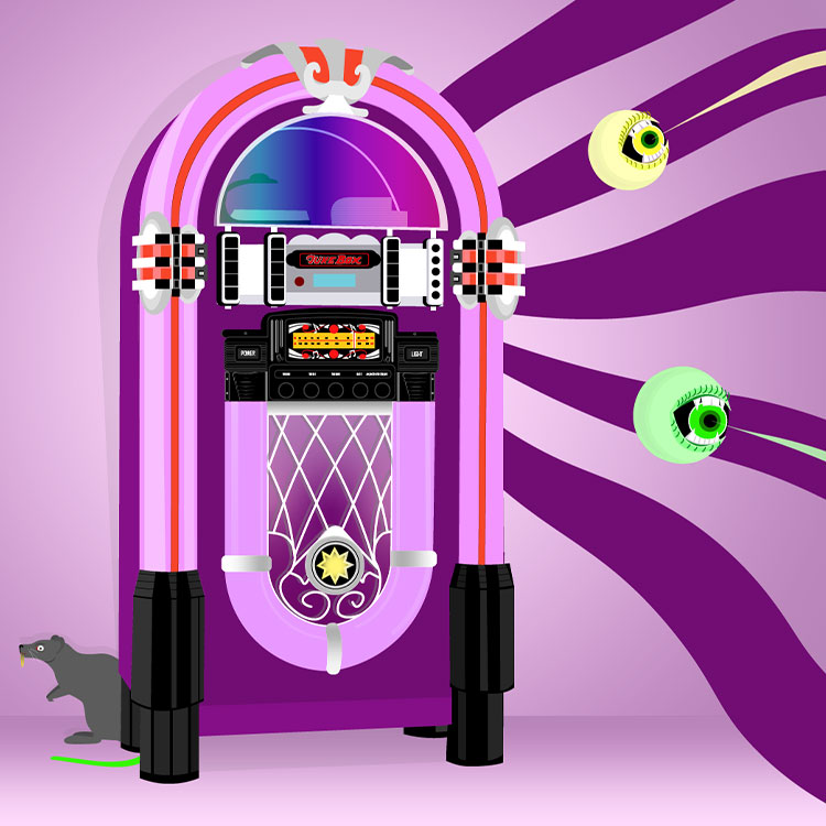 Illustration titled Regular Psycho Party. A jukebox is shown with two eyes emitting waves.