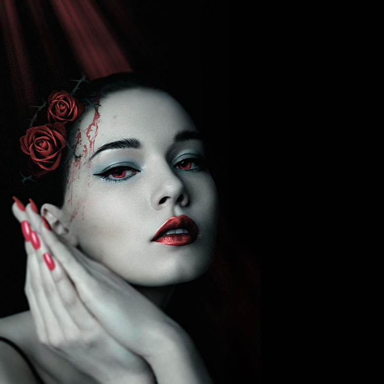 Fashion retouching featuring a woman on a black background with roses on her head